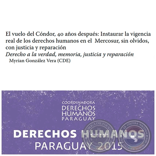 El vuelo del Cóndor, 40 años después: Instaurar la vigencia real de los derechos humanos en el Mercosur, sin olvidos, con justicia y reparación - DERECHOS HUMANOS EN PARAGUAY 2015 - Autora:  MYRIAN GONZÁLEZ VERA (CDE) - Páginas 373 al 384 - Año 2015